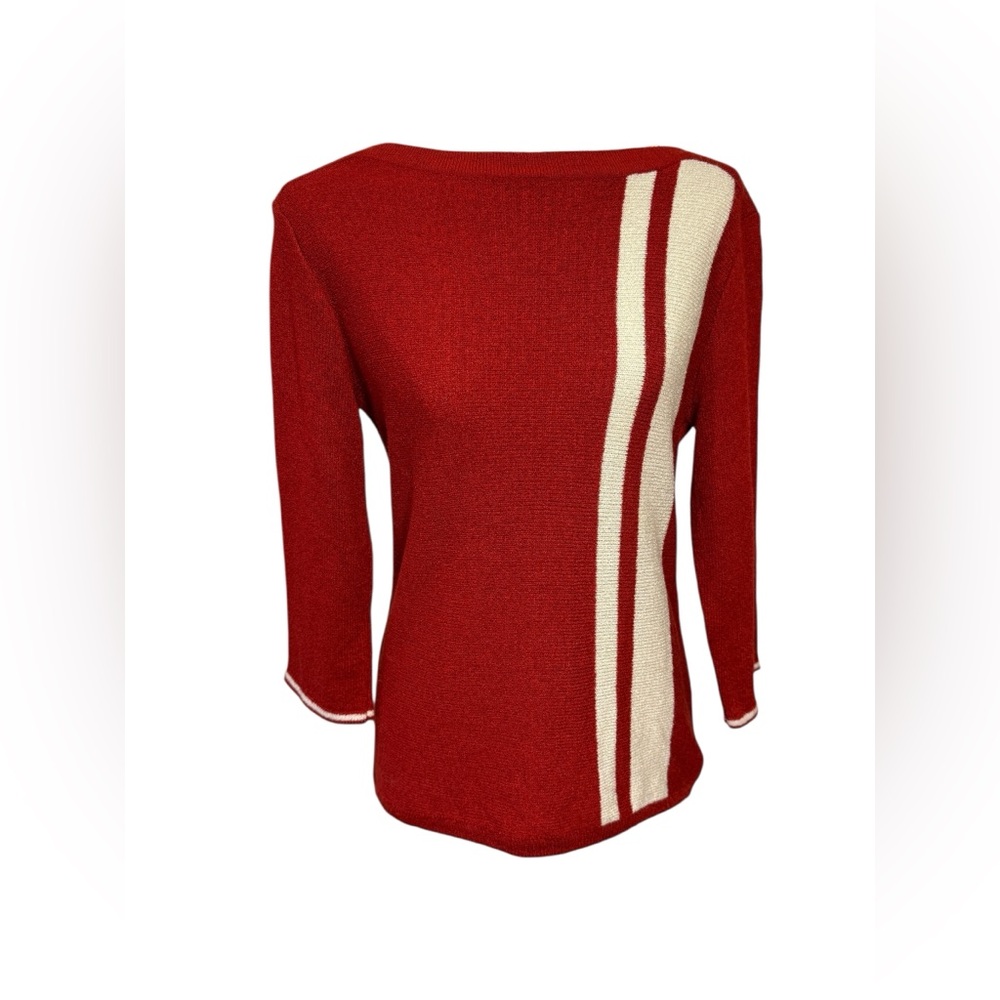 Vintage Woolworths Knit Red Cream Stripe Boatneck Sweater Size Small